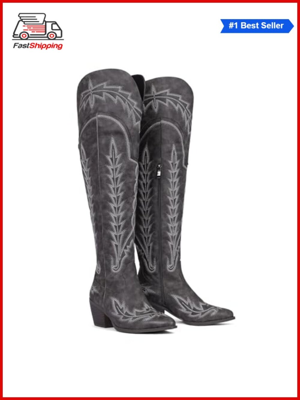 Wide Calf Embroidered Western Over the Knee Boots Pointed Toe Block Heel